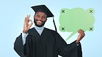 Man, graduation and speech bubble in studio, smile or ok icon for review, good service or vote by blue background. Student, success and achievement for celebration, poster or mockup space for college
