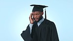 Robe, graduate and black man with stress, headache and medical issue on a blue studio background. African person, academic and college student with a migraine, health problem and burnout with pain