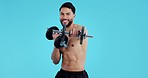 Fitness, weights and face of man on blue background for exercise, bodybuilder training and workout. Sports, studio and portrait of person with gym equipment for wellness, strength and strong muscles