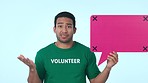 Volunteer, doubt and man with speech bubble, social media and tracking markers isolated on a blue studio background. Portrait, confused and shrug of charity worker, negative opinion and communication