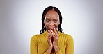 Scheme, planning and face of black woman in studio for thinking, mischievous and interesting ideas. Evil genius, facial expression and person with steeple hands for brainstorming on gray background