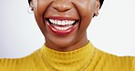 Happy woman, funny with smile and teeth, dental and closeup of mouth isolated on white background. Comedy, health and wellness with orthodontics, cosmetic and oral care, veneers and lips in studio