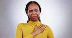 Hands, chest pain and black woman coughing in studio with anxiety, asthma or flu and virus on grey background. Breathing, problem and African female with tuberculosis, stress or allergy and bacteria