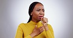 Black woman, cough and sick with chest pain, lungs and medical emergency isolated on white background. Health fail, infection and tuberculosis with virus, bacteria and germs with illness in studio
