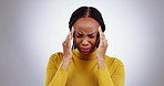 Black woman, headache and pain with stress and anxiety, mockup space and depression isolated on white background. Migraine, mental health and sad in studio, life crisis and overwhelmed with breakdown