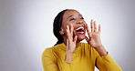 News, announcement and black woman screaming in studio for coming soon, sale or giveaway on grey background. Screaming, face and African female model with promotion information, opportunity or voice