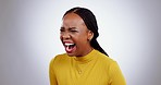 Stress, face and black woman screaming in studio with problem, conflict or disaster in grey background. Anxiety shout and frustrated African female model with mental health crisis, bipolar or trauma