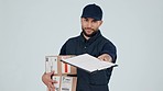 Delivery man, boxes and checklist document for signature, distribution or courier service in studio. Face of logistics worker and package, label information or clipboard paperwork on white background