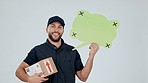 Delivery man, speech bubble and box, communication and service with tracking markers on white background. Social media, voice and distribution, box or package with e commerce and courier in studio