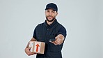 Delivery man, box and phone for e commerce, fintech and contactless payment on white background. Face of worker with courier package for customer service, mobile app and online transaction in studio