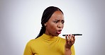 Speaker, phone call and angry black woman in studio frustrated by phishing, scam or fake news on grey background. Smartphone, memo and African lady model with anxiety, stress or hacker, 404 or crisis