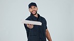 Happy man, pizza and delivery for food, order or takeout in transport service against a studio background. Portrait of male person or courier guy with box, meal or customer purchase in ecommerce