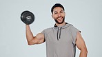 Strong, arm and bodybuilder training in exercise with dumbbell, weight and fitness mockup in studio white background. Strength, workout or portrait of athlete weightlifting for muscle growth or power