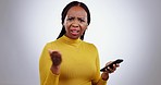 Anxiety, phone and face of black woman in studio with wtf, fake news or why on grey background. Smartphone, stress and portrait of lady model with 404, glitch or phishing, scam or social media hacker