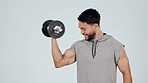 Strong, bodybuilder and training bicep in exercise with dumbbell, weight and fitness mockup in studio white background. Strength, workout or portrait of weightlifting for muscle growth or power