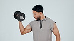 Arm, strength and bodybuilder training in exercise with dumbbell, weight and fitness mockup in studio white background. Strong, workout or portrait of athlete weightlifting for muscle growth or power