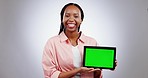 Woman, student and tablet green screen for e learning, online education or study presentation in studio. Face of African person with digital mockup and tracking marker for college on white background