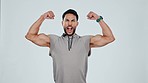 Man, face and champion, strong with muscle and fitness in studio, energy and biceps isolated on white background. Mockup space, cheers and excited for exercise, bodybuilder and strength with flexing