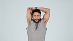 Fitness, stretching arms and face of man on gray background for performance, wellness and warm up. Sports health, gym and portrait of person for exercise, bodybuilder training and workout in studio