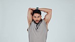 Sports, stretching arms and face of man on gray background for performance, wellness and warm up. Fitness health, gym and portrait of person for exercise, bodybuilder training and workout in studio