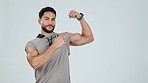 Man, pointing and presentation with gym advertising and fitness, flexing bicep and news on white background. Portrait, mockup space and muscle, branding for sports and exercise opportunity in studio