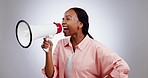 Woman, megaphone and voice for announcement, broadcast or news of sale or discount on a white background. Happy african person with call to action, attention and noise or shout for winner in studio