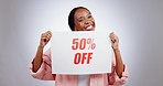 Face, discount poster and happy black woman dance in studio isolated on white background mockup space. Portrait, excited and sales deal sign, commercial or advertising of promotion on price reduction