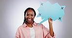 Speech bubble, news and face of black woman in studio with agree, motivation or advertising space on grey background. Social media, portrait and African lady model with poster or faq, vote or sign up