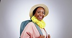 Travel, studio and face of black woman with bag for adventure, holiday and summer vacation. Fashion, happy and portrait of excited person with luggage, backpack and hat for trip on gray background