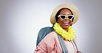Travel, sunglasses and black woman with bag in studio for adventure, holiday and summer vacation. Fashion, happy and face of excited person with luggage, backpack and hat for trip on gray background