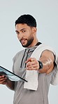 Fitness, tablet and man in studio pointing for exercise, training and workout for wellness. Sports, hey you and portrait of person on digital tech for invite, encouragement and gym on gray background