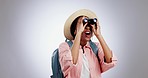 Hiking, binocular and excited black woman sightseeing, bird watch or view in studio isolated on white background mockup space. Trekking, telescope lens and person search nature to travel on adventure