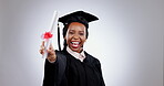 Graduation, face and woman in studio with certificate, success or celebrate college achievement. Portrait, african graduate and smile for winning award, university diploma or pride on grey background