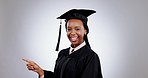 Education, university and woman face with hand pointing in studio for sign up, steps or menu on grey background. Portrait, happy and African female student show checklist, presentation or timeline