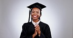 Graduate, face and woman in studio for applause, success or celebrate achievement. Portrait, african model and clapping for winning graduation, congratulations and fist to dance on grey background 