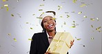 Confetti, celebration and woman face with Christmas gift in studio with prize, offer or giveaway on grey background. Glitter, box and portrait of happy African female winner with box or festive event