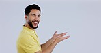 Face, showing and man with presentation, mockup space and smile on a white studio background. Portrait, person and model with suggestion, gesture and opportunity with decision, options and choice