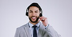 Call center, business man and face with telemarketing consulting and advice for customer support. Studio, grey background and headphones for communication, consultation and web help with talking