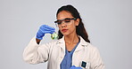 Science, thinking and chemical with woman and beaker in studio for medicine, pharmacy and research. Medical, healthcare and solution with person on white background for laboratory, liquid and study