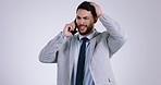 Business man, phone call and confused in studio with thinking, questions or fail by white background. Entrepreneur, smartphone conversation or mistake with frustrated face in crisis on mobile network