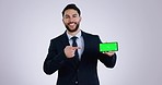 Cellphone, green screen or face of business man advertising space, UX promotion and tracking markers in studio. Happy arab worker, portrait and pointing to mobile, deal and mockup on white background