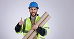 Architect, man and face with thumbs up from blueprint, engineering plans and smile in studio. Motivation, success and male engineer portrait with development project, construction and builder