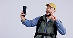 Hiking, selfie and man with peace sign in studio for social media, travel blog and post update memories. Backpack, hand gesture and portrait of person take picture for journey, adventure and trekking