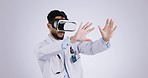 Doctor man, vr glasses and health in studio for hands, study or test ux for futuristic tech by white background. Medic, augmented reality or vision for healthcare, wellness or innovation in metaverse