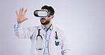 Doctor man, virtual reality and healthcare in studio for hands, scroll and test 3D ux on dashboard by white background. Medic, ar glasses and vision for moving, wellness and innovation in metaverse