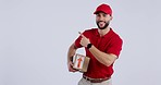 Deliveryman , pointing and face with promotion, announcement and courier deal in studio. Male person, portrait and information showing sale opportunity with happy smile and promo choice with offer