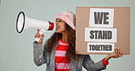 Megaphone announcement, poster or angry woman protest, shout or broadcast government change, unity or speech. Women empowerment rally, fight for equality or studio feminist opinion on blue background