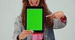 Green screen, tablet and woman with perfect sign or hand gesture as review isolated in studio white background. Promotion, deal and young person showing symbol as yes, like and ok for app or website