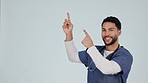 Nurse, man face and pointing with yes, advertising decision and promo deal in studio with approval. Doctor, healthcare and professional with promotion choice and happy from sale with white background