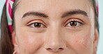 Face, eyes and closeup of woman, eyebrow and mascara makeup for healthy skincare. Portrait, macro and natural beauty of person opening eyelid, eyelash and eyesight, happy expression and facial lashes